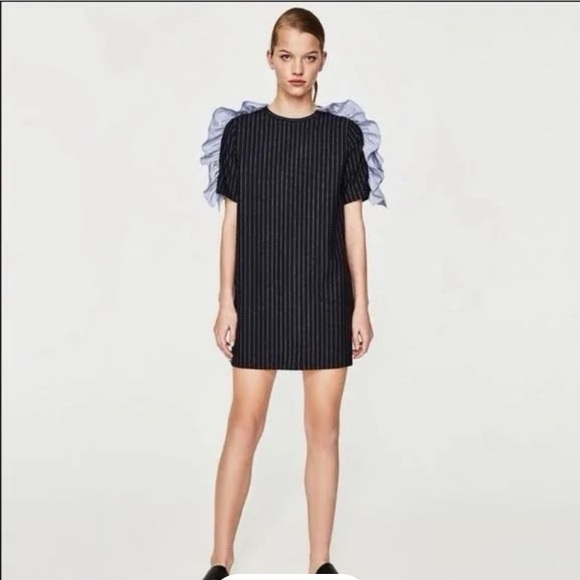 Zara Dresses & Skirts - Zara Trafaluc Pinstripe Ruffle Sleeve Shift Mini Dress Size: Large